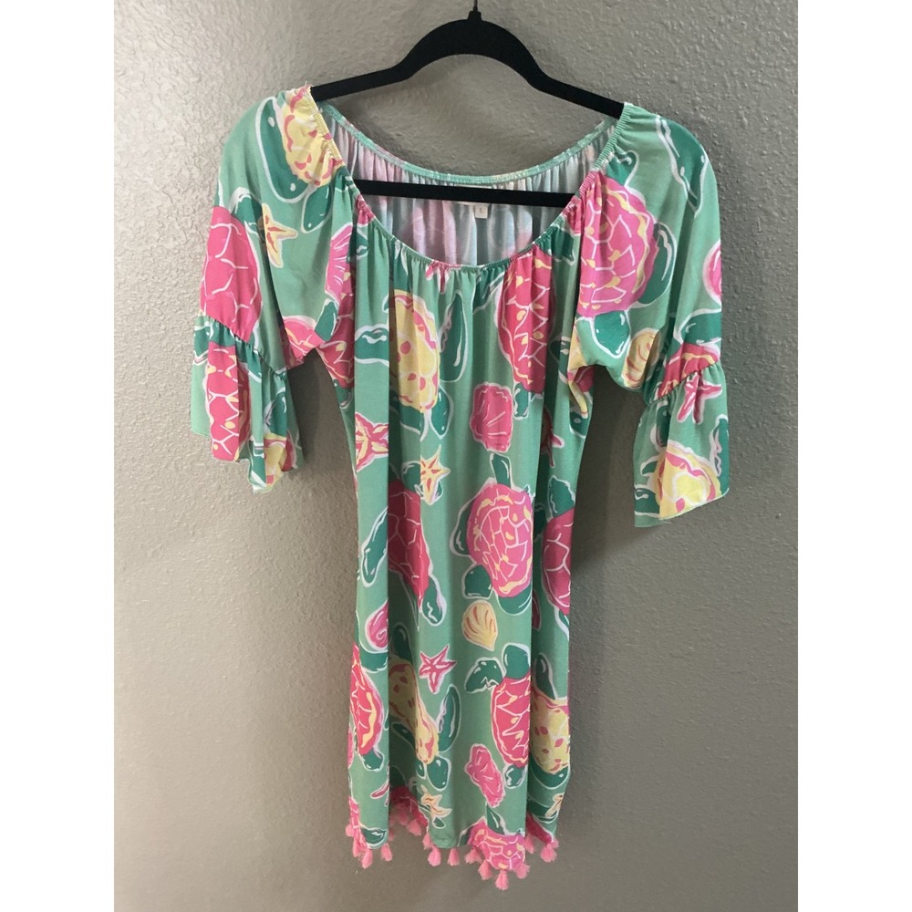 Simply Southern Tunic Dress Womens Large Green Pink Excellent Coastal Turtle